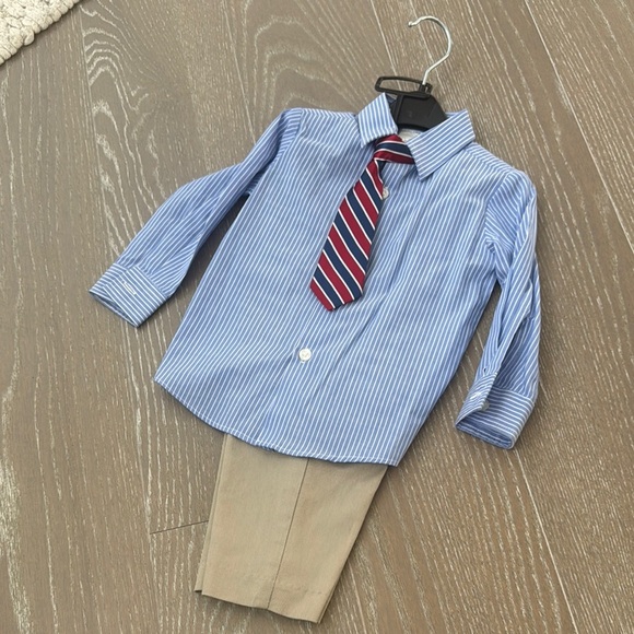 Nautica Kids Navy Blazer with Striped Shirt and Beige Pants - Picture 4 of 4